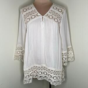 POL Peasant Top Womens Size Small Cream Boho Prairie Cottage Lace Crochet Cotton